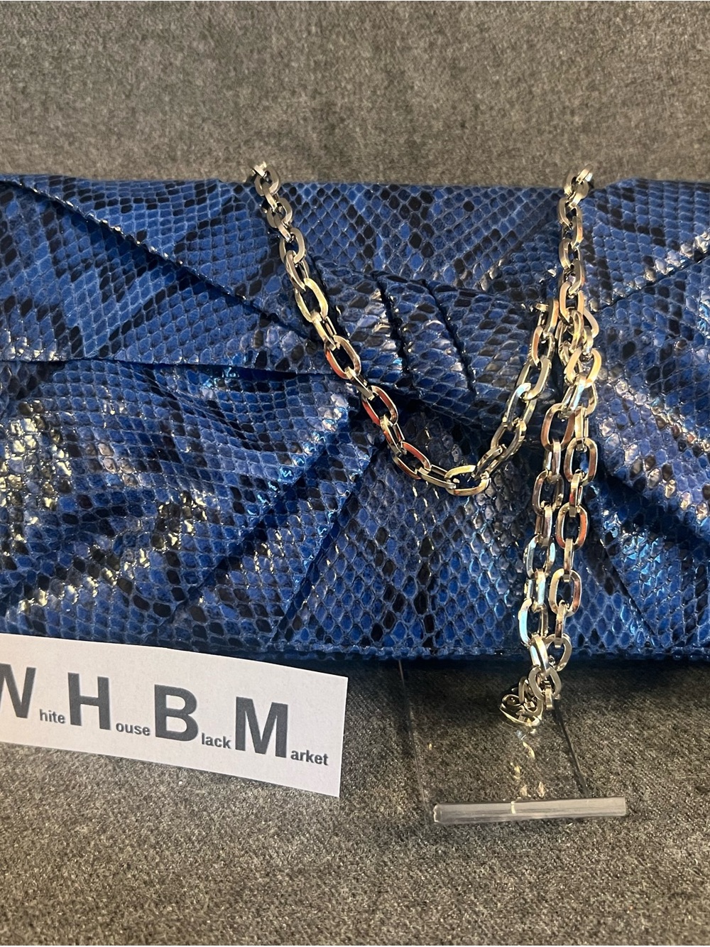 Blue Snake-Embossed Leather Clutch with Strap and matching reversible belt set - Picture 6 of 8
